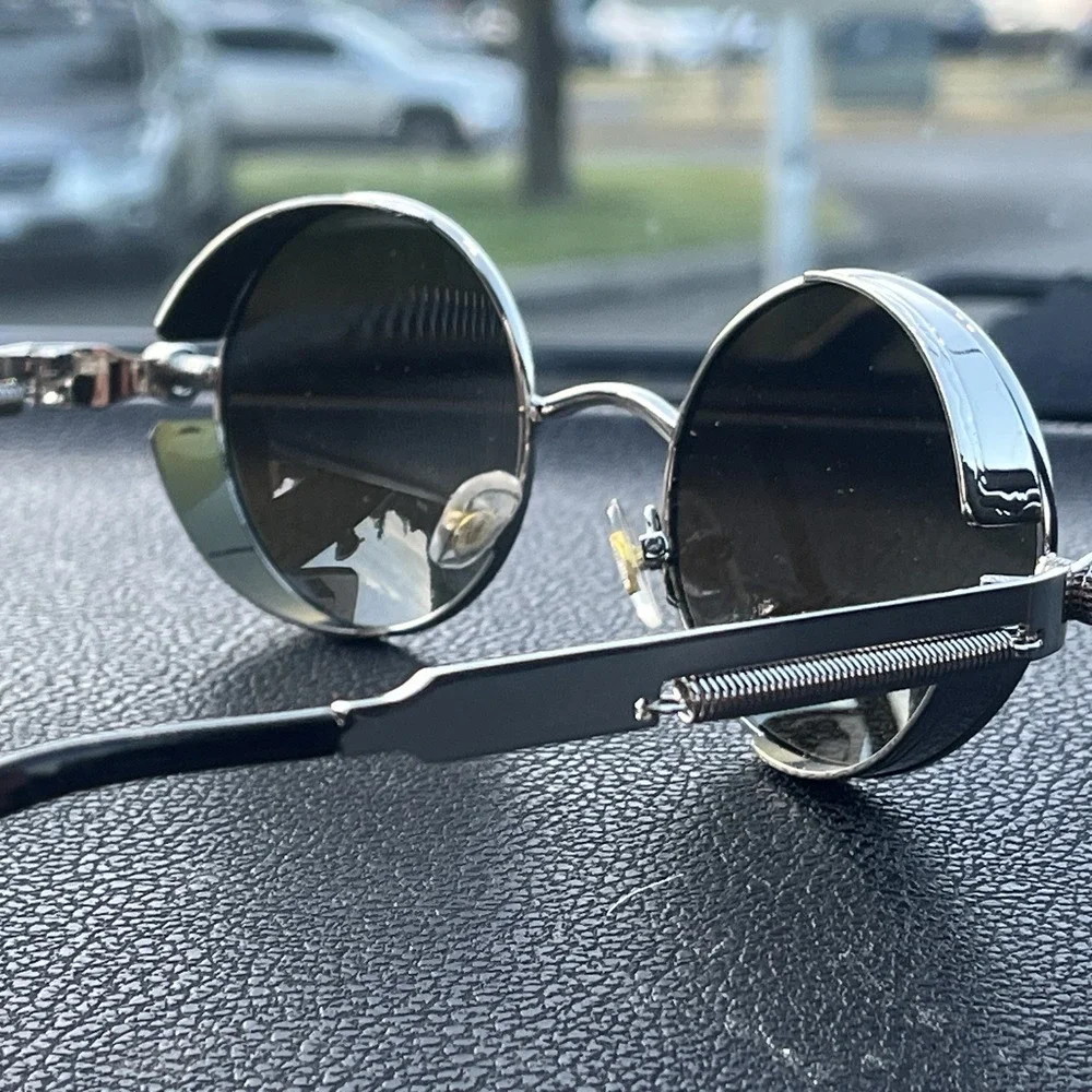 Steampunk Round Sunglasses MSP567 Silver Metal Black Lens 46/19/135 Design Italy